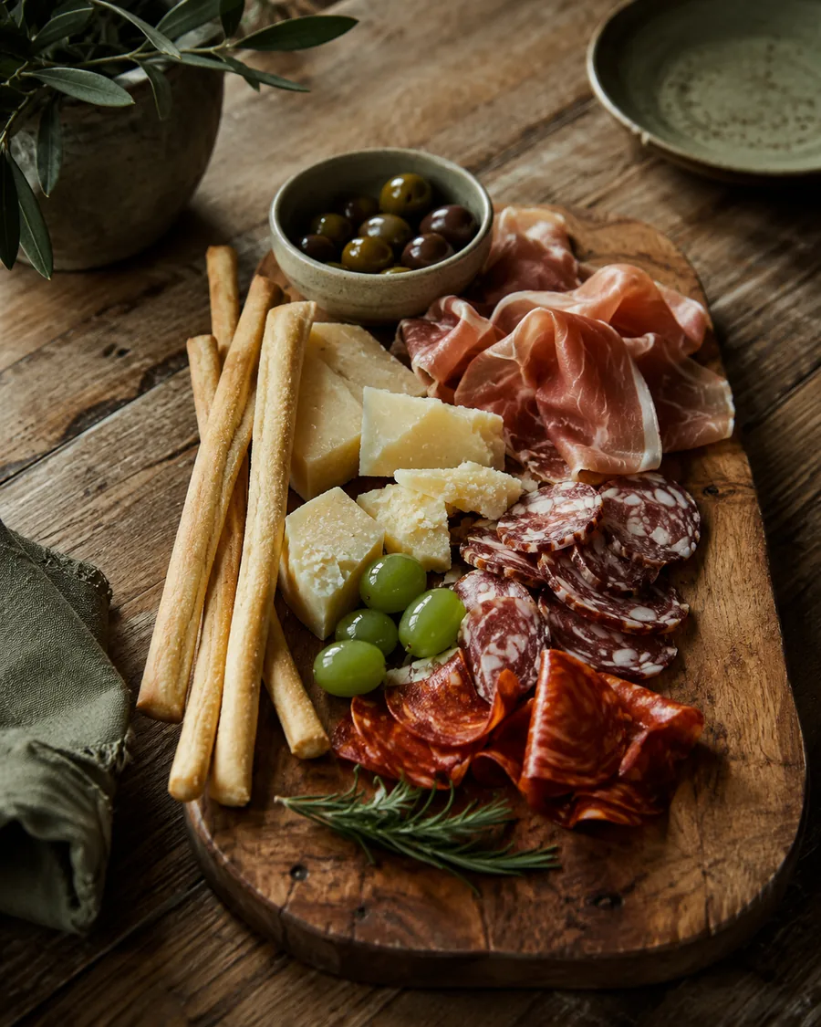 Antipasti board with prosciutto, salami, aged pecorino, olives, and grissini