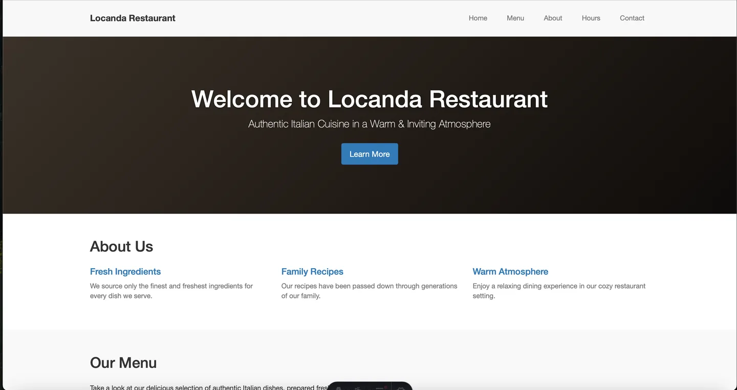 Locanda's original 2016 site: a generic template hero reading Welcome to Locanda Restaurant, with Bootstrap-blue button