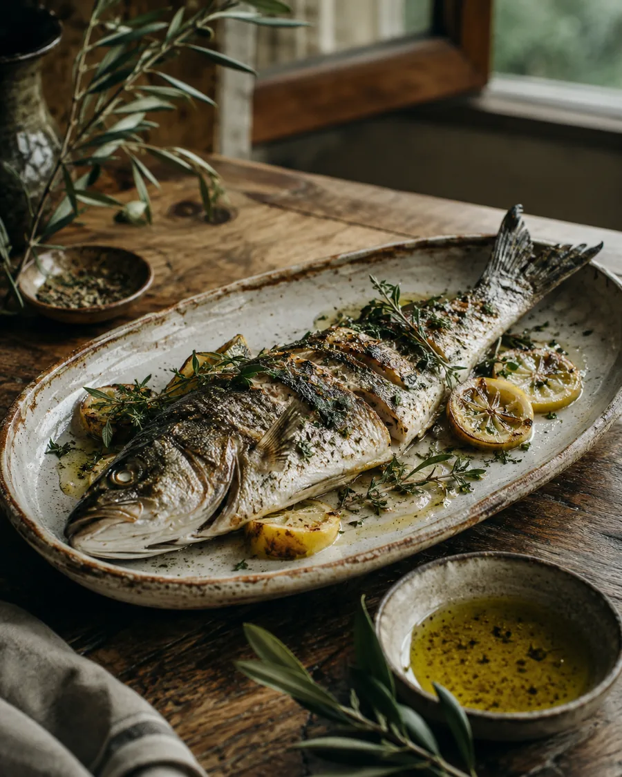 Whole roasted branzino with charred lemon and fresh herbs