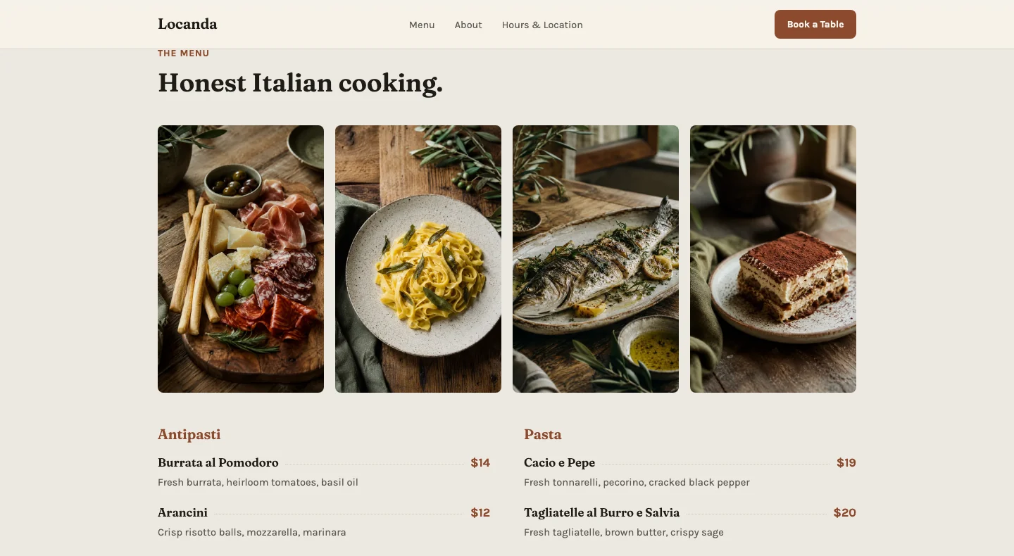 Locanda's menu section: real dish photography above readable Antipasti and Pasta listings, no PDF
