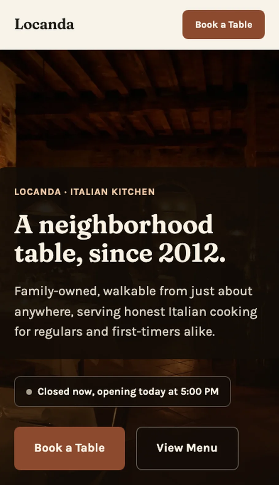 Locanda's redesigned site on a phone: the same hero content stacked for mobile, with Book a Table reachable without scrolling