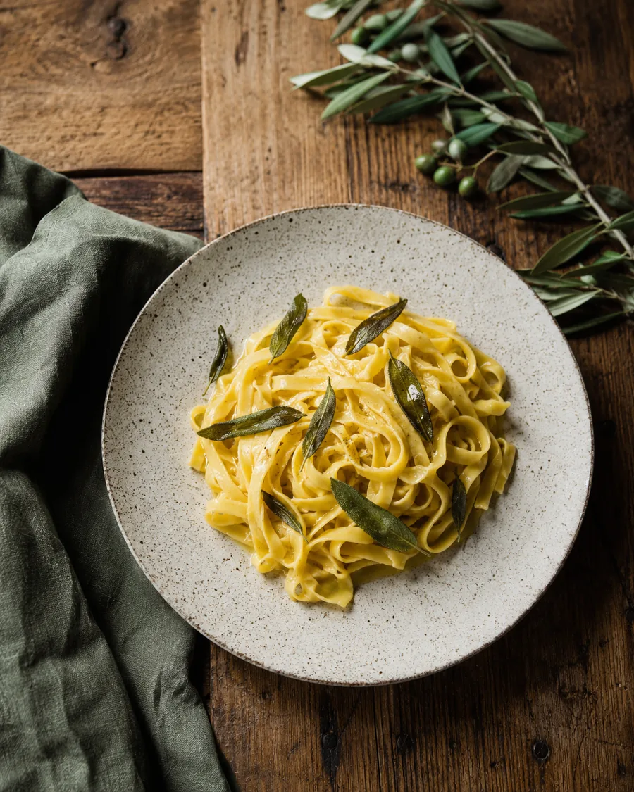 Fresh tagliatelle tossed in brown butter with crispy sage leaves