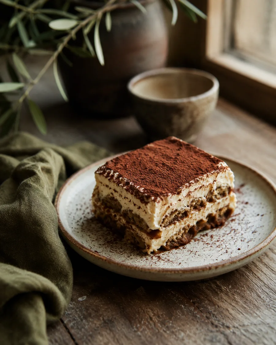 Slice of tiramisù dusted with cocoa on a speckled ceramic plate