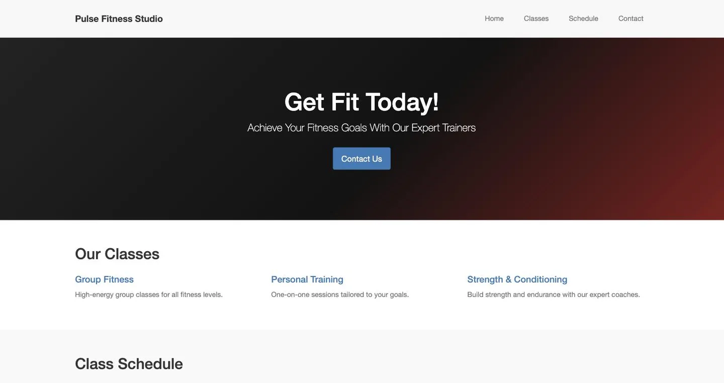 Pulse's old 2019-era template site: a generic stock-gradient hero reading 'Get Fit Today!' with a vague class list and a Download Schedule (PDF) link