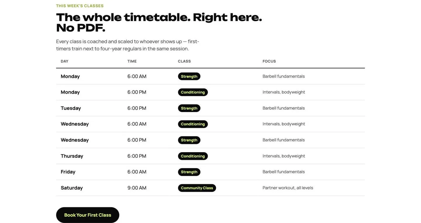 Pulse Studio's full class timetable shown directly on the page, with day, time, class, and focus for every session and a Book Your First Class button