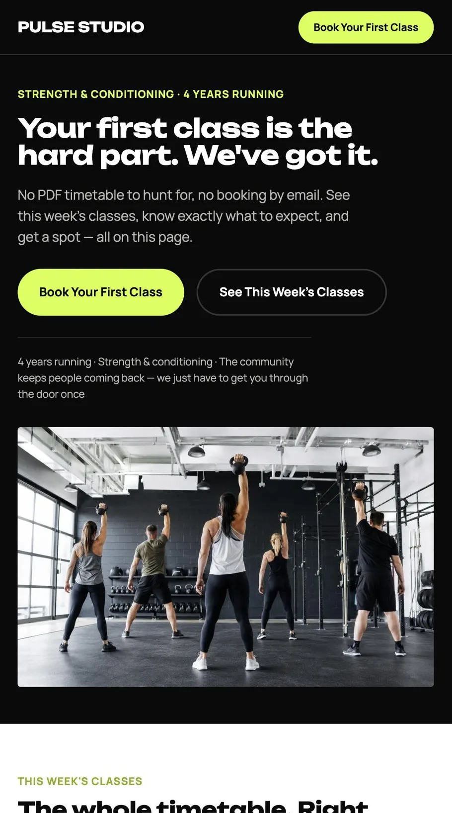 Pulse Studio's homepage on a phone: the same hero content stacked for mobile, with Book Your First Class reachable without scrolling