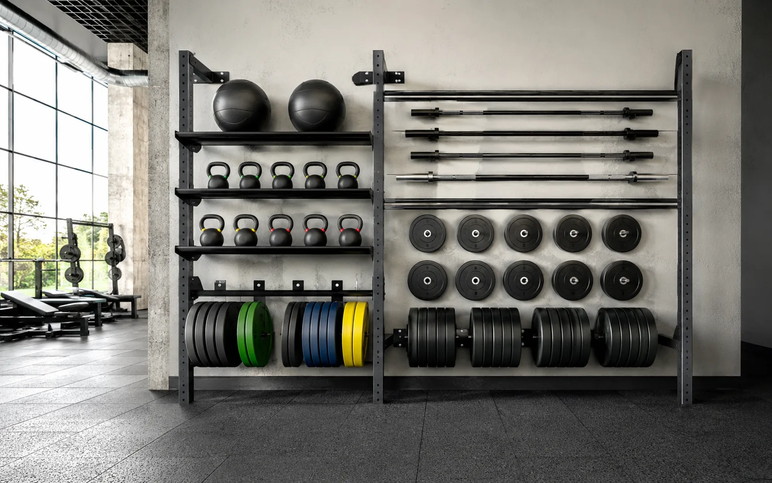 Wall-mounted racks holding kettlebells, medicine balls, barbells, and bumper plates