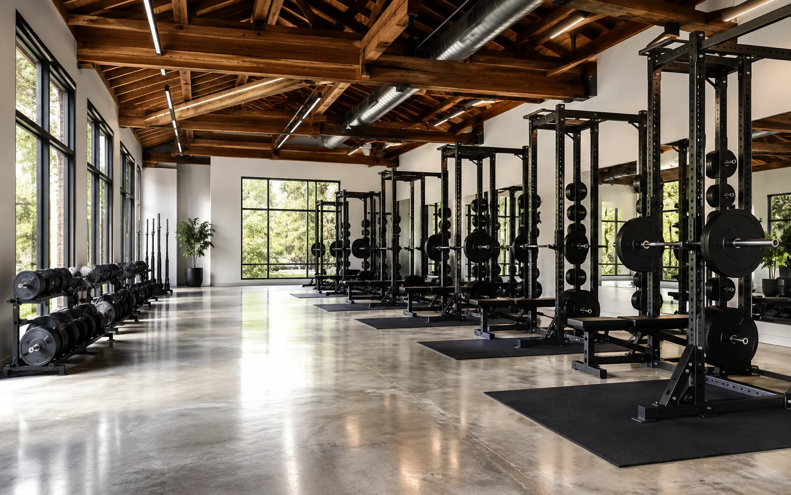 Bright studio floor with a row of squat racks, benches, and barbells beneath an exposed wood-beam ceiling