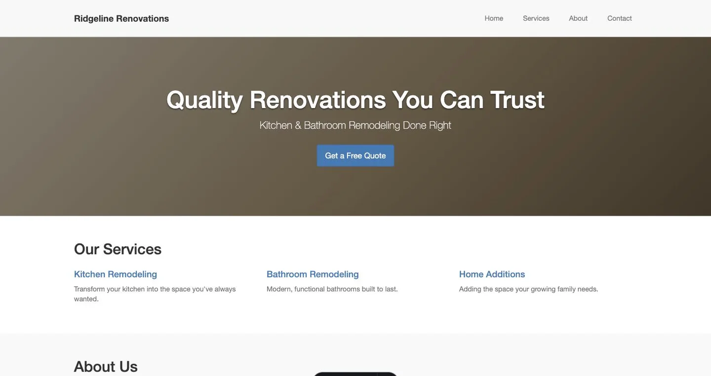 Ridgeline's old 2018-era template site: a generic stock-photo hero reading 'Quality Renovations You Can Trust' with a vague service list, no phone number, and no gallery of real work