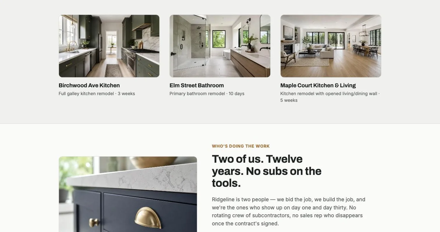 Ridgeline's completed projects section: three finished jobs (a galley kitchen, a primary bathroom, and an open kitchen and living space) with scope and duration