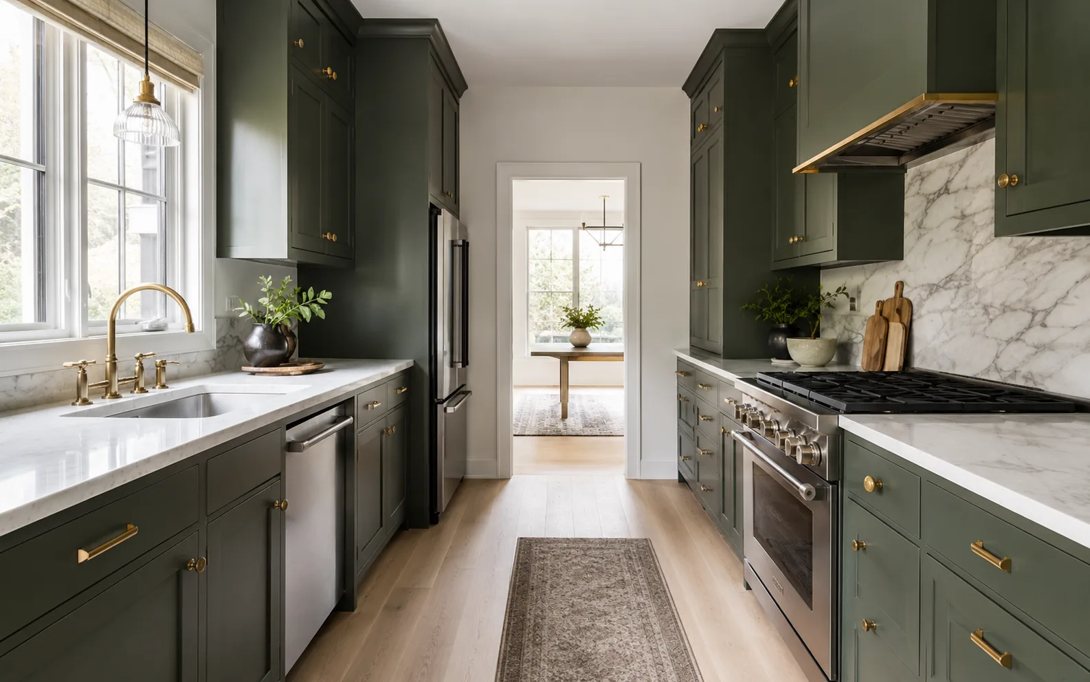 Finished galley kitchen with sage green cabinets, brass hardware, marble backsplash, and a stainless range