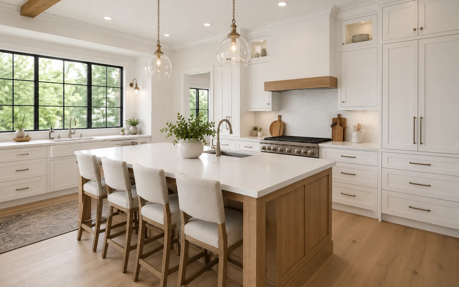 Finished kitchen renovation in daylight, with a large island, white shaker cabinets, brass hardware, and a window over the farmhouse sink