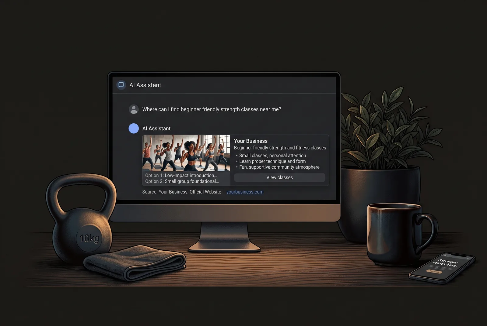 A monitor showing the same AI assistant chat where this business is now recommended by name with class details and a clear source link to its website, illustrating stronger AI visibility after AEO work.