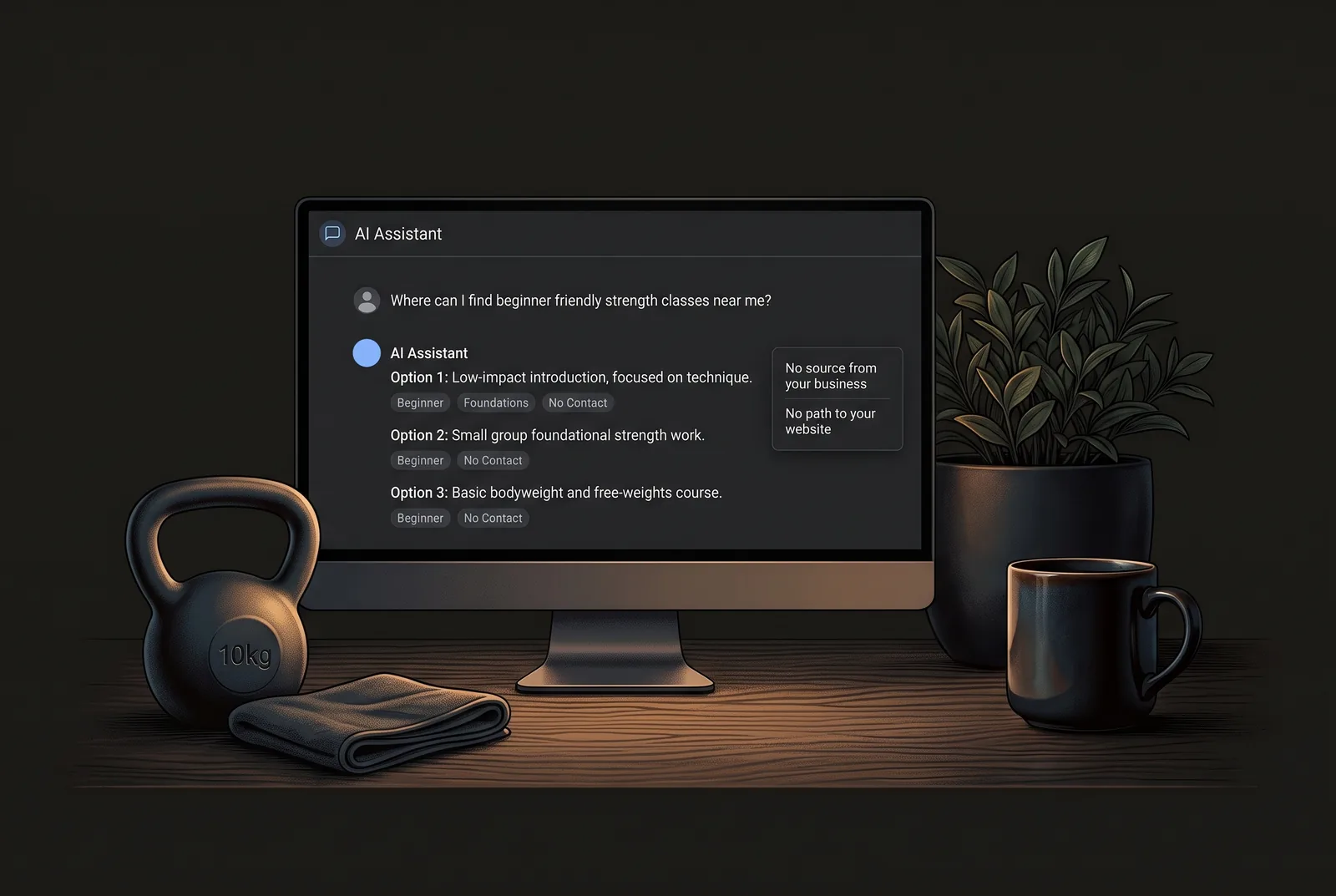 A monitor showing an AI assistant chat where someone asks for beginner-friendly strength classes, and the assistant lists generic options without any source from or path to this business's website, illustrating a business an AI assistant does not surface before AEO work.