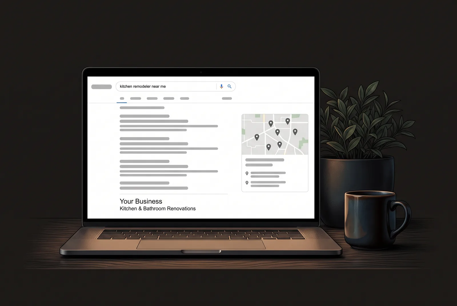 A laptop showing a local search for 'kitchen remodeler near me' where this business appears only as a plain name and category near the bottom of the results, with no photo, details, or map placement, illustrating weak search visibility before SEO work.
