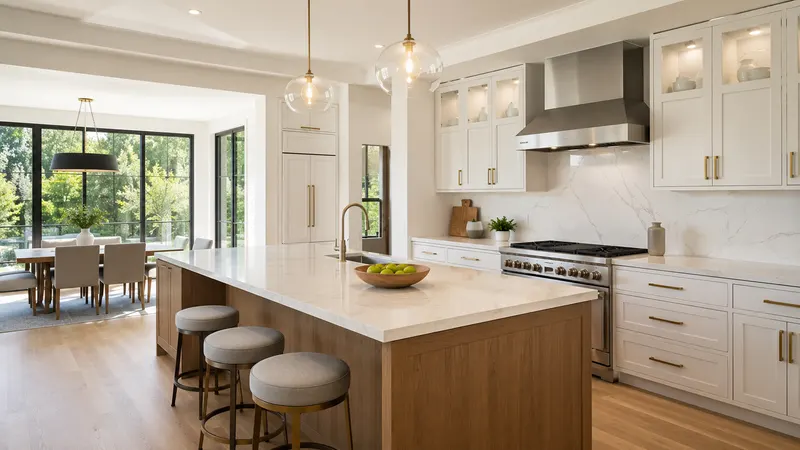 A bright, newly renovated kitchen with a large marble island, pendant lighting, and stainless steel appliances